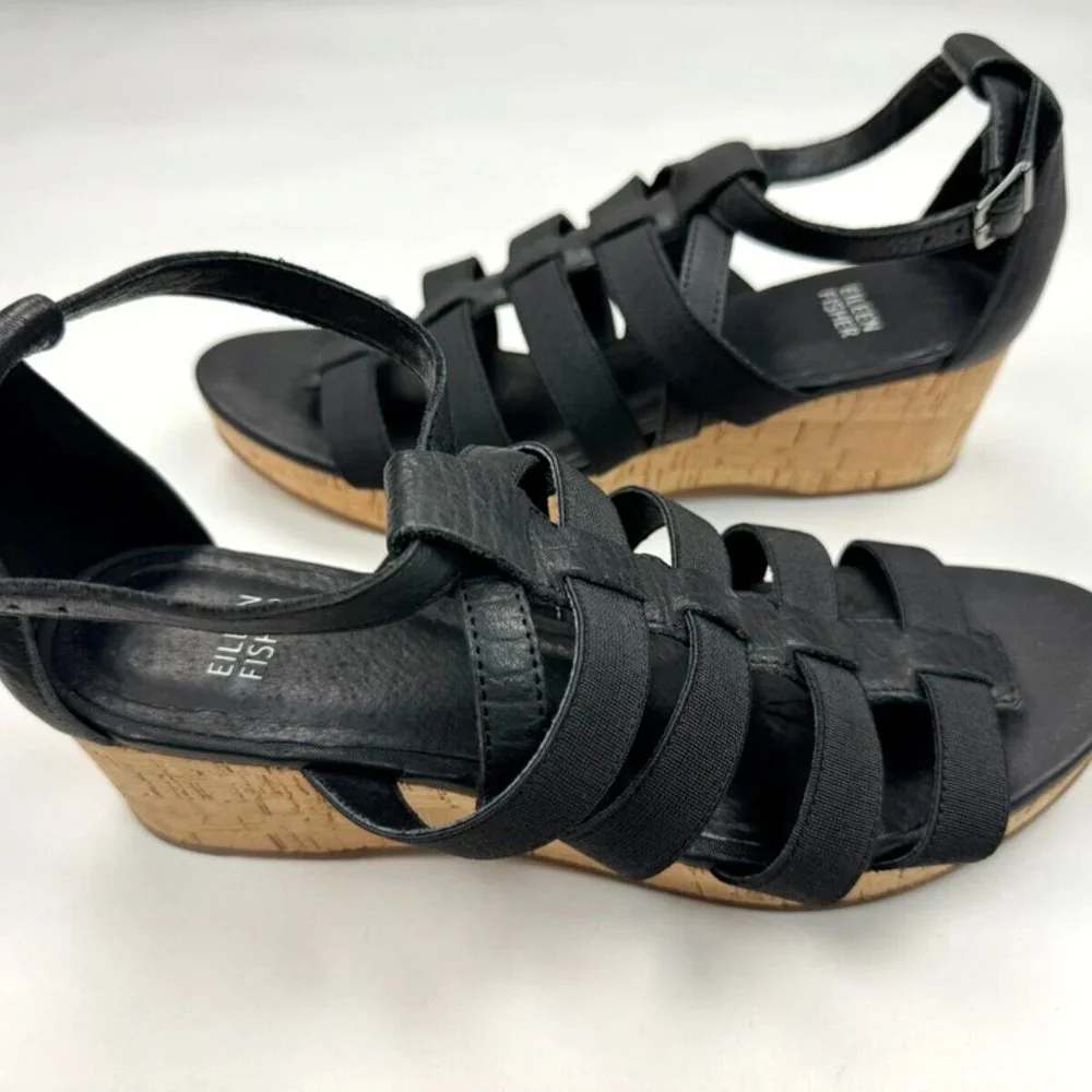 Eileen Fisher Leather Gladiator Wedge Sandals Women 9 NWOB Fisherman Platform‎